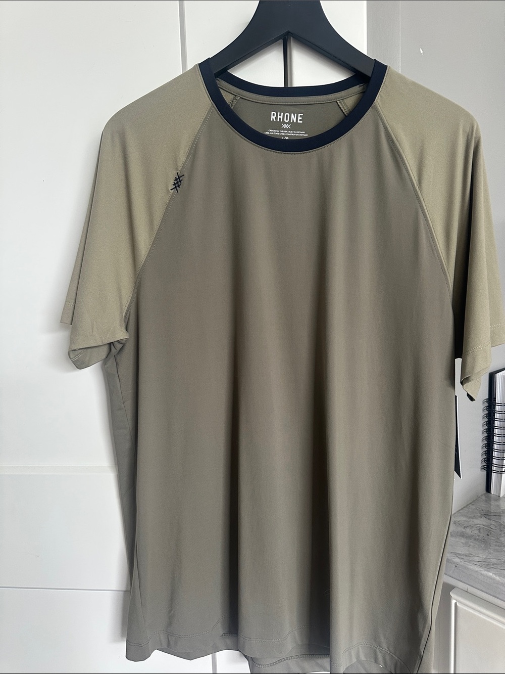 NWT LG RHONE Olive and Navy Raglan Performance Tee